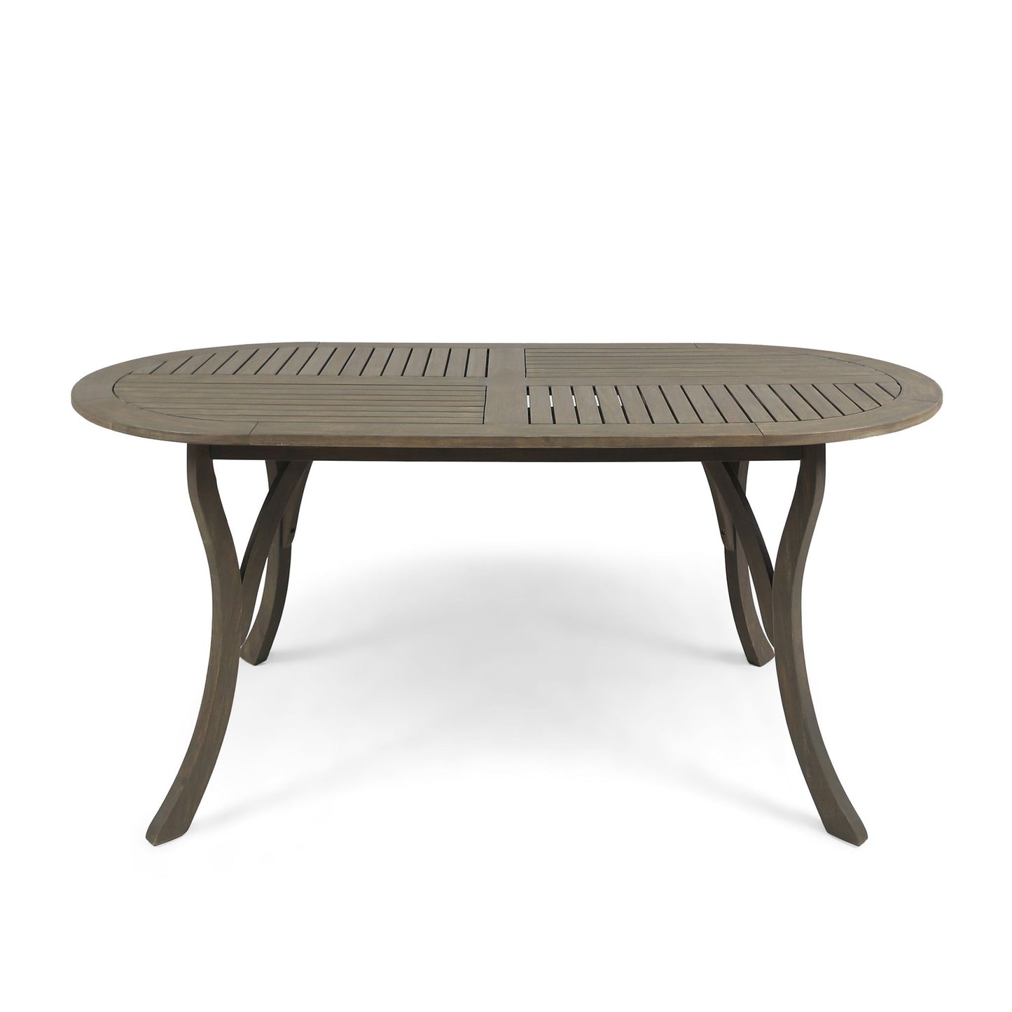 The Outdoor Table With Smooth Lines, Slat Top features an oval slatted top and four curved legs, displayed against a plain white background.
