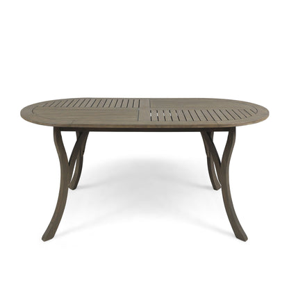 The Outdoor Table With Smooth Lines, Slat Top features an oval slatted top and four curved legs, displayed against a plain white background.