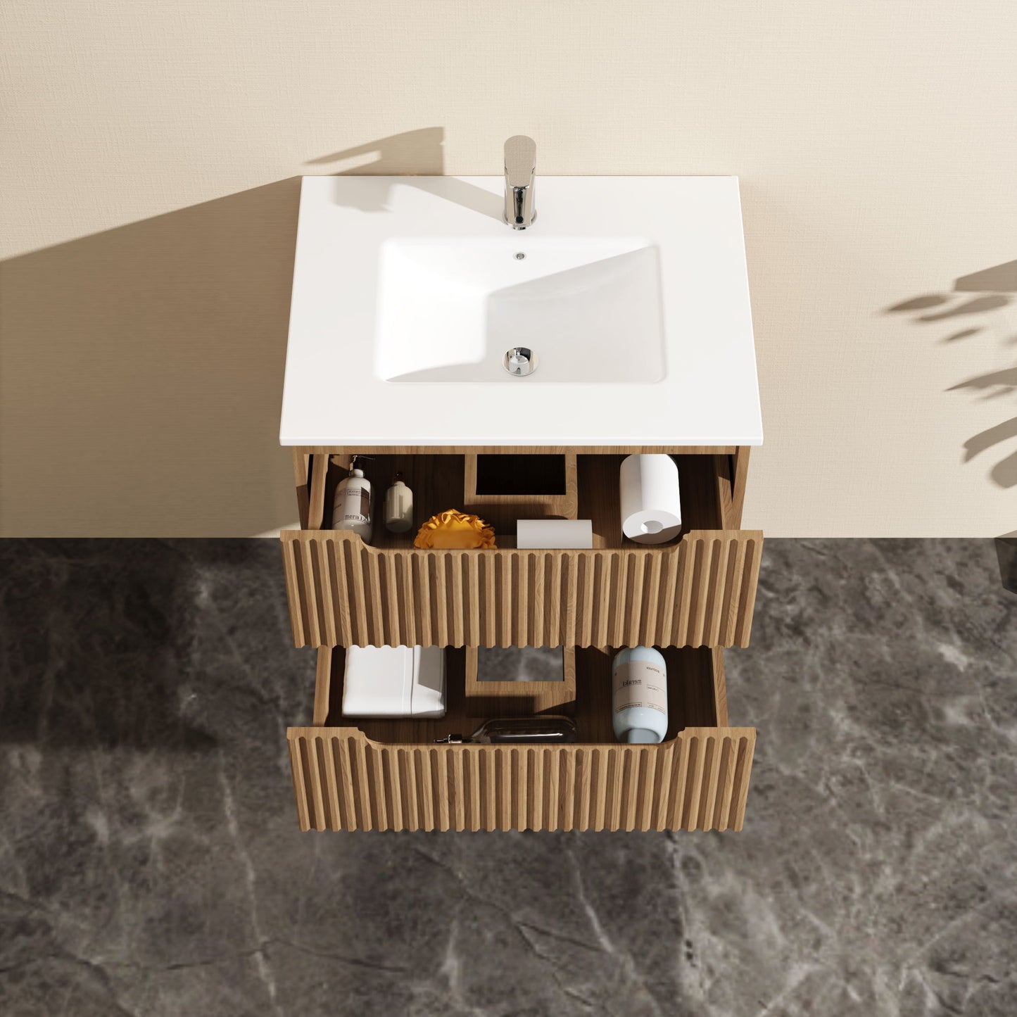 Overhead view of the 24" Wall Mount Bathroom Vanity Cabinet Floating (Cabinet Only) in walnut, featuring a modern design with two open wooden drawers on a dark gray marble floor.