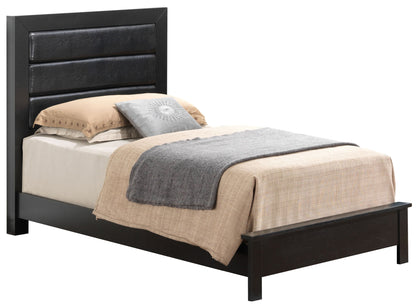 The Transitional Modern Design Bed features a black wooden frame and padded headboard, dressed with beige sheets, a gray blanket, a beige comforter, and two pillows—one beige and one gray with a sun pattern.