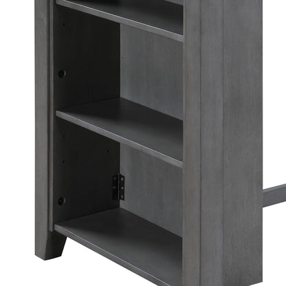 A gray wooden bookshelf, part of the Graham counter height dining table collection, features a simple modern design with three open shelves, standing on a rectangular base with visible hinges inside.
