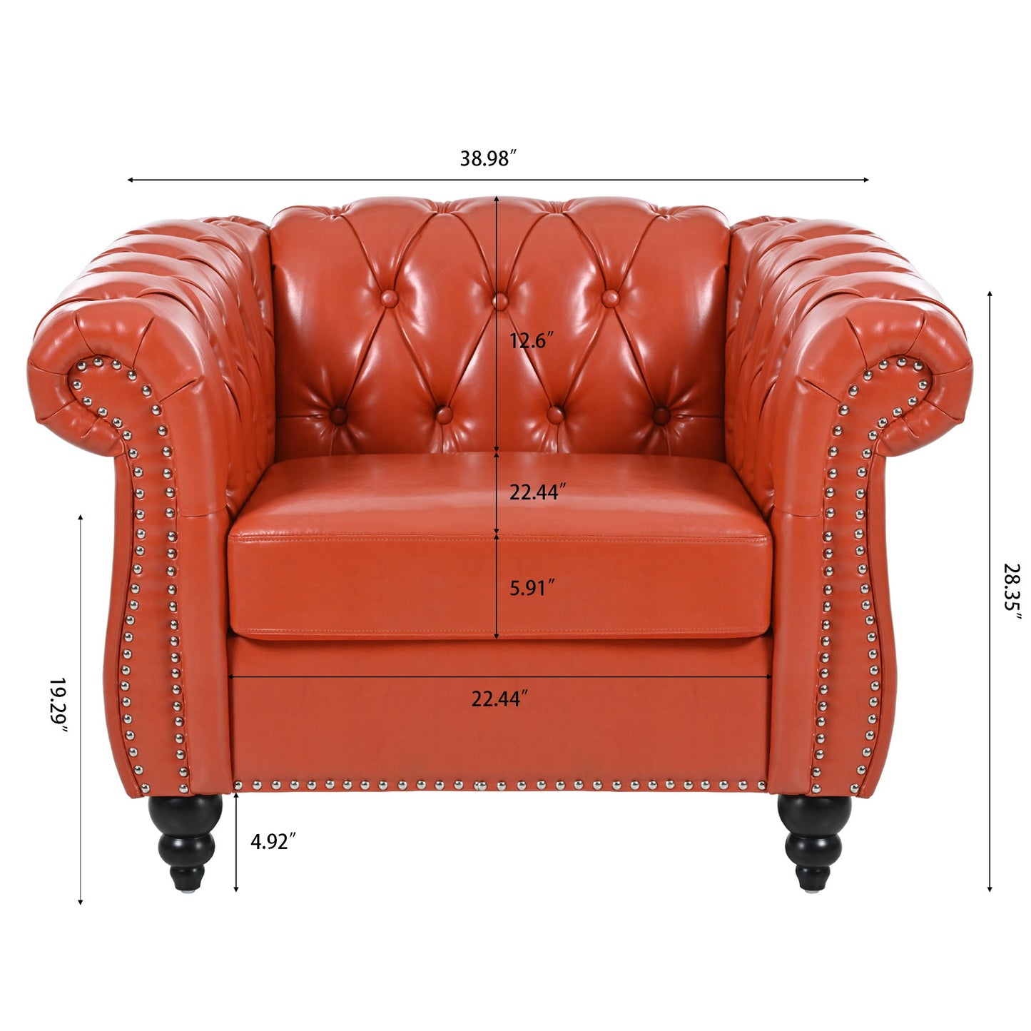 1 Seater Sofa for Living Room featuring orange tufted leather, silver stud accents, rounded arms, and black legs. Dimensions and measurements are labeled on various parts of the chair.