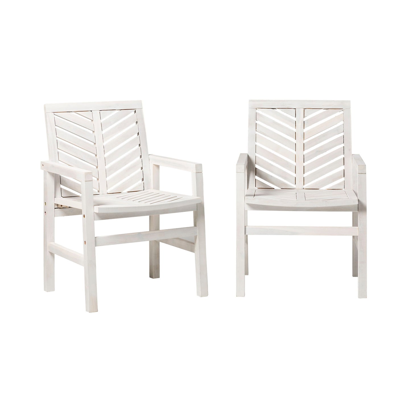 The Modern 2 Piece Chevron Patio Chairs feature white wooden frames with slatted seats and chevron-patterned backs, arranged side by side against a plain white background.