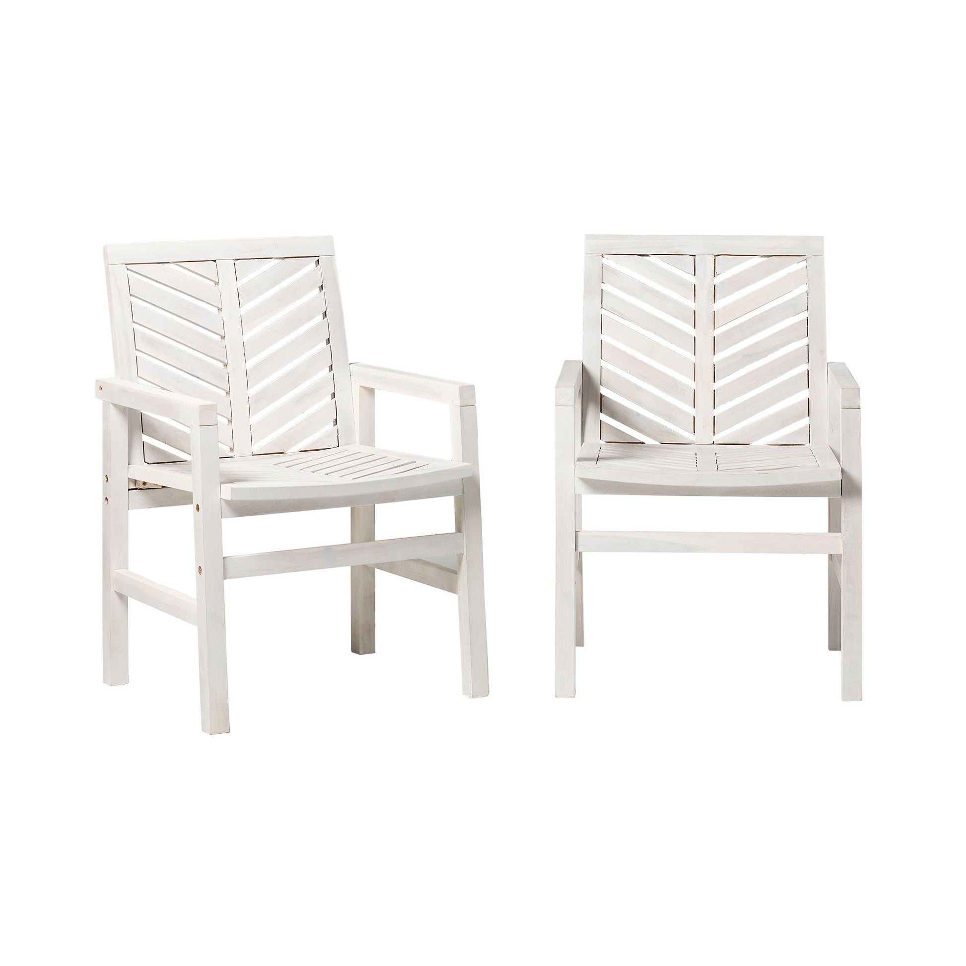 The Modern 2 Piece Chevron Patio Chairs feature white wooden frames with slatted seats and chevron-patterned backs, arranged side by side against a plain white background.