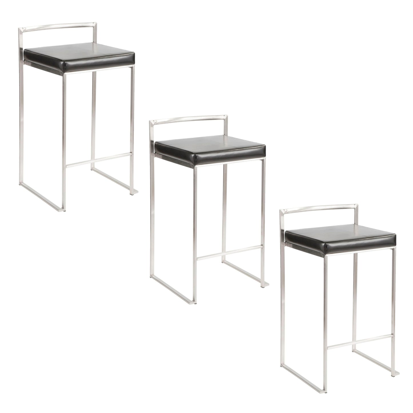 Three Fuji Elegant Design Contemporary Stackable Counter Stools with metal frames and black square seats, arranged diagonally from upper left to lower right on a white background.