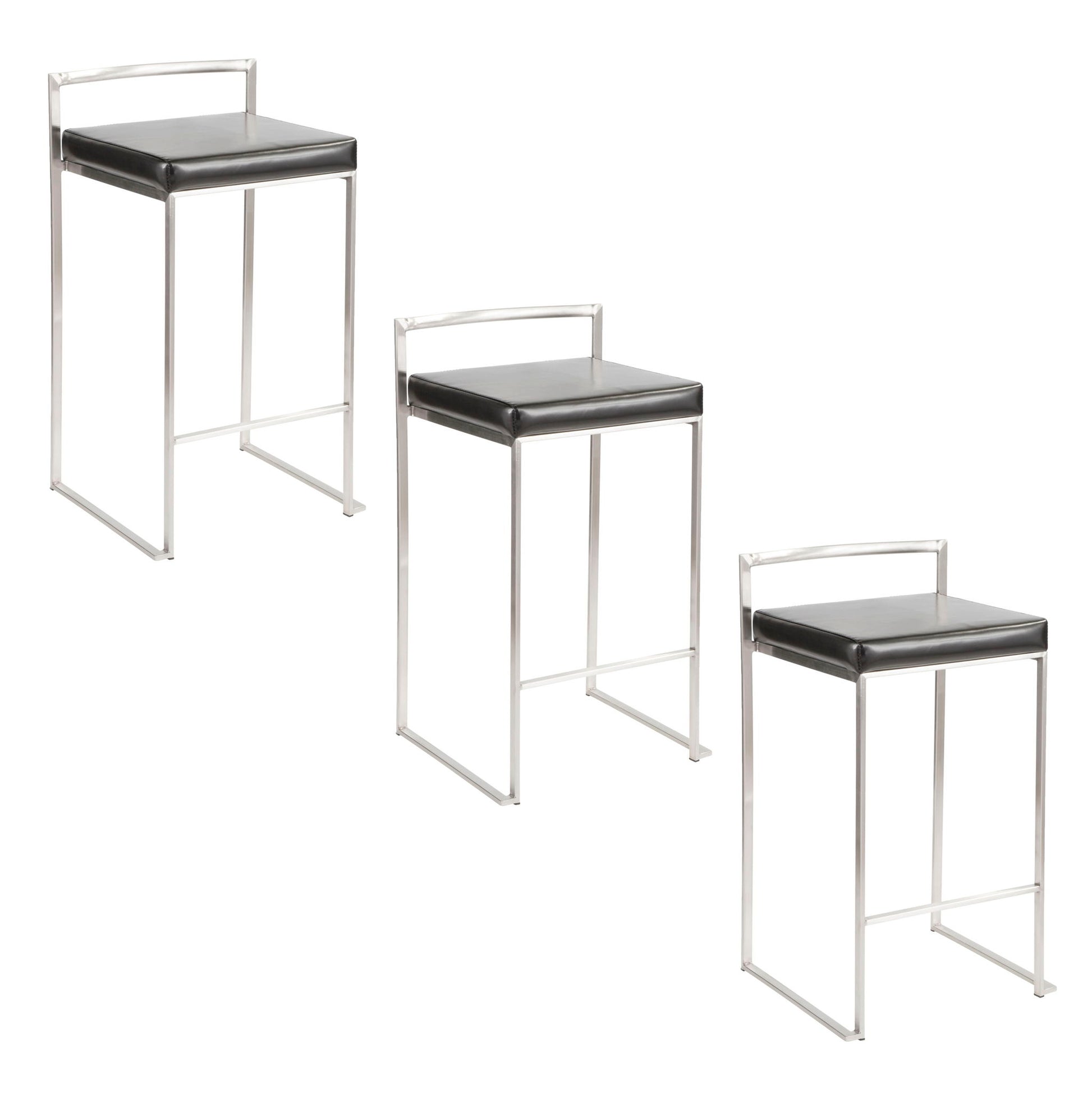 Three Fuji Elegant Design Contemporary Stackable Counter Stools with metal frames and black square seats, arranged diagonally from upper left to lower right on a white background.