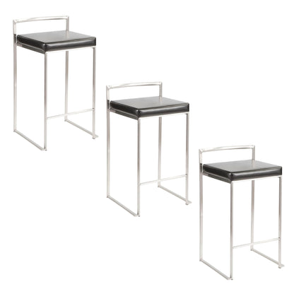 Three Fuji Elegant Design Contemporary Stackable Counter Stools with metal frames and black square seats, arranged diagonally from upper left to lower right on a white background.
