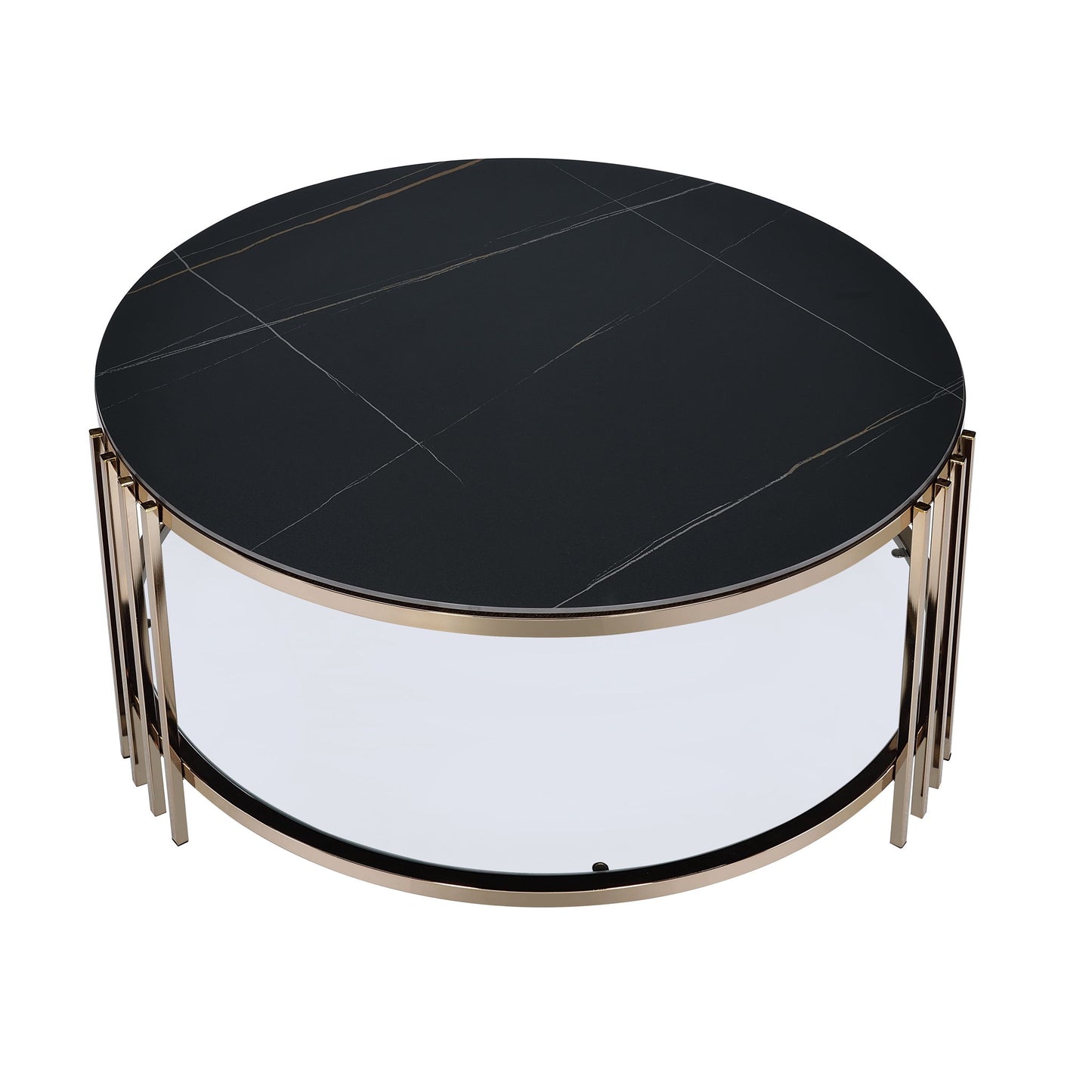 The Abisha Sintered Stone Top Round Table features a round black marble-like surface, gold metal legs, and an open lower shelf design.