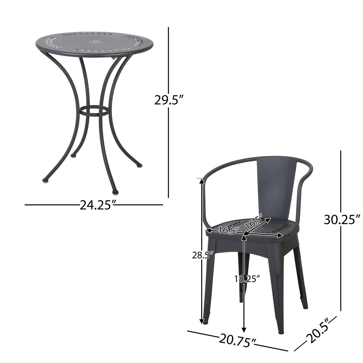 The Ambrosia 3 Piece Bistro Set features black metal with leaf motif designs; table measures 29.5" tall x 24.25" wide, chair is 30.25" tall x 20.5" wide x 20.75" deep, with seat measurements specified.