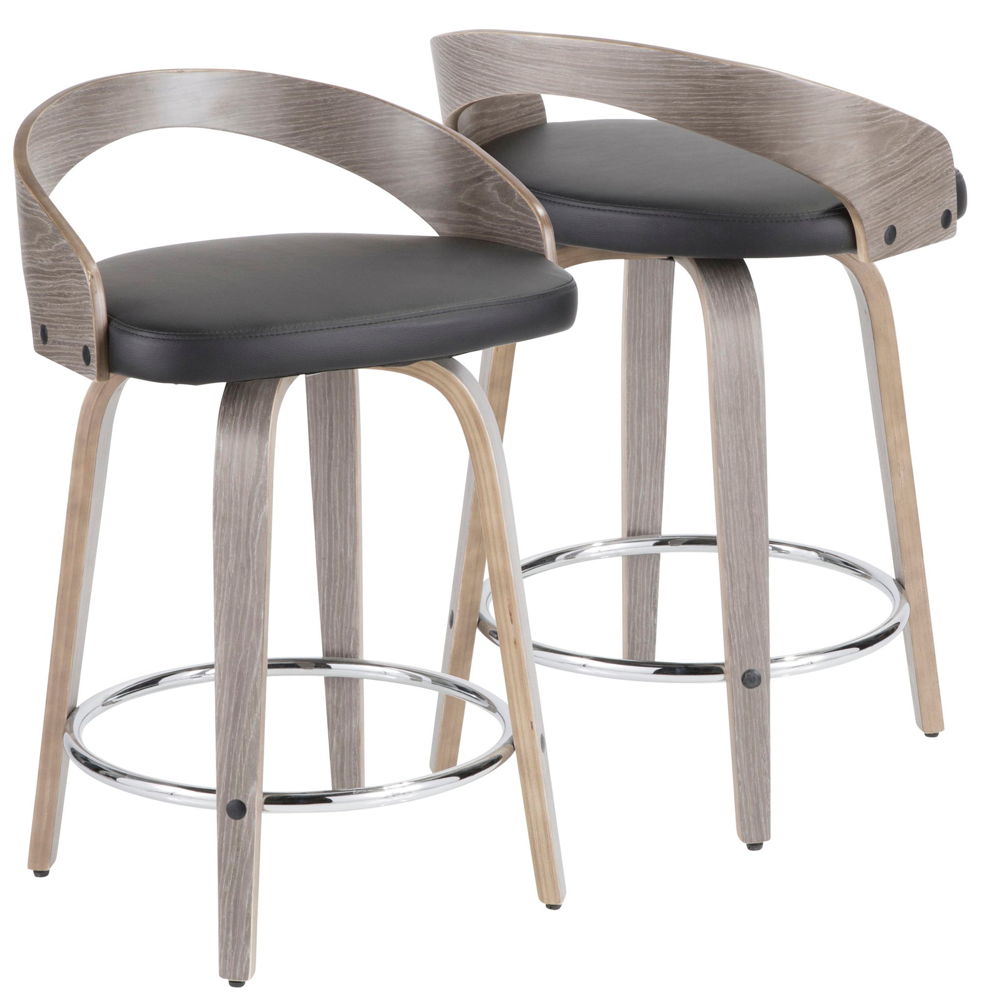 The Grotto Mid-Century Modern Stool (Set of 2) features curved wood backs with black accents, cushioned black seats, light wood legs, and a round chrome footrest connecting the legs.