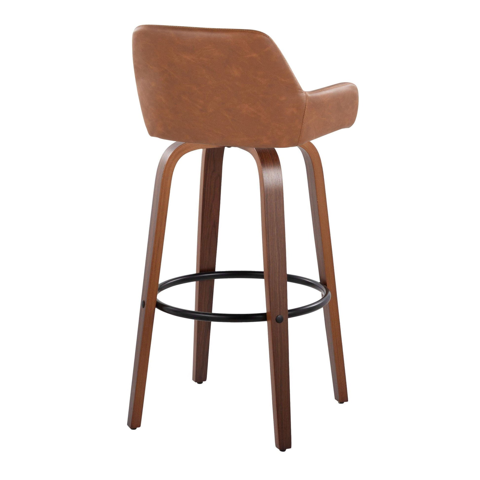 The Daniella barstool set features a contemporary design with a curved brown leather seat, wooden legs, and a black round footrest; shown from the back and slightly from the side.