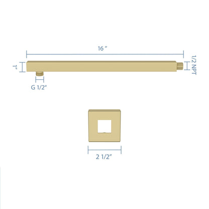Wall Mounted Shower Arm With Flange, 16" Stainless Steel For Rain Shower Heads - Gold