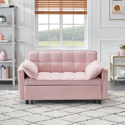 A Folding Sofa Bed With Adjustable Back, used as a loveseat with tufted cushions and matching pillows, sits on a patterned rug in a bright room featuring a window, shelves, and modern decor.