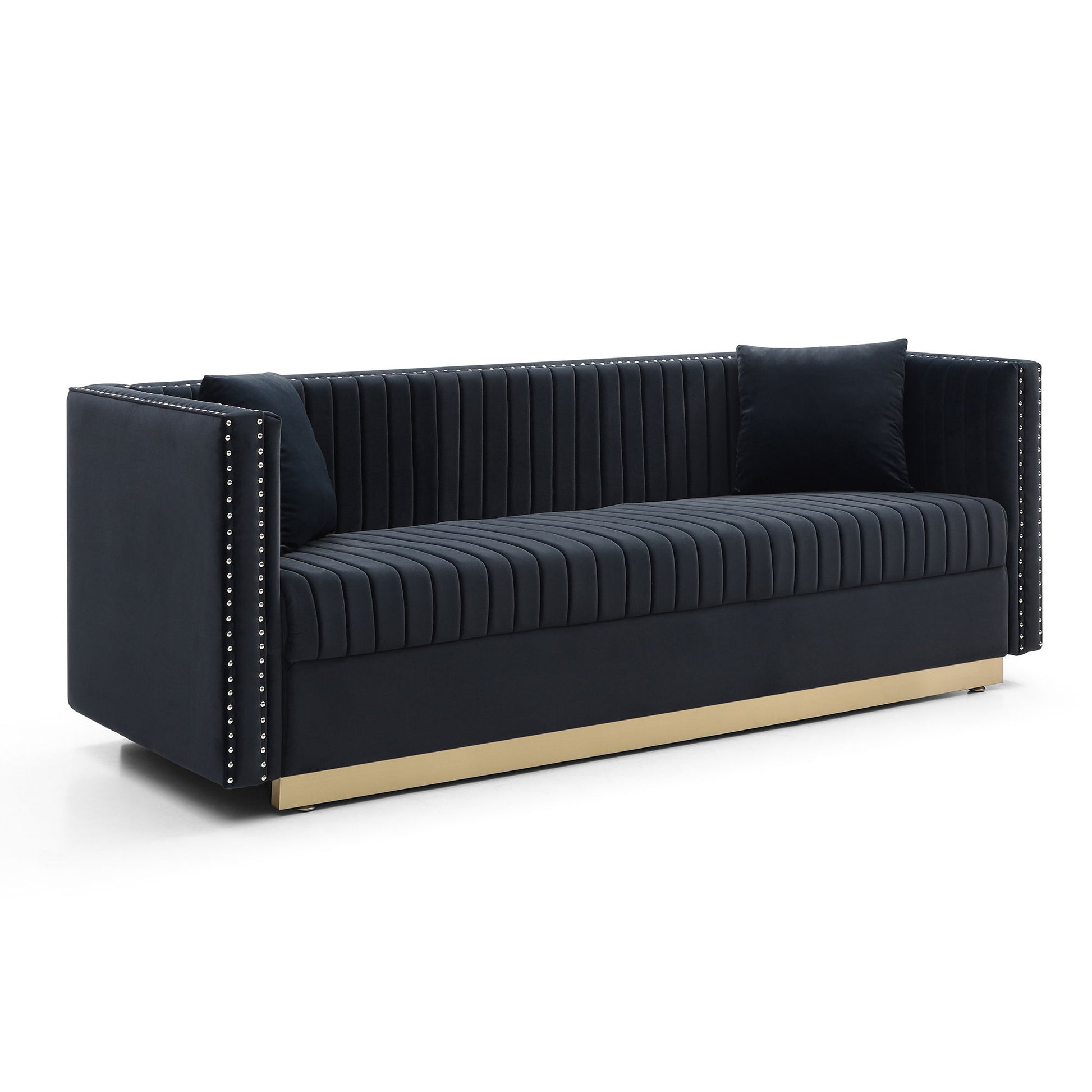 The Contemporary Vertical Channel Tufted Sofa is a modern upholstered black velvet couch for living rooms, featuring vertical tufting, 2 matching pillows, silver nailhead trim on the arms, and a gold base.