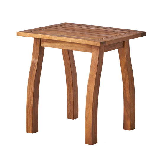 The Kinesis Outdoor Side Table features a slatted top and sturdy wood frame with four subtly curved legs, shown against a white background.