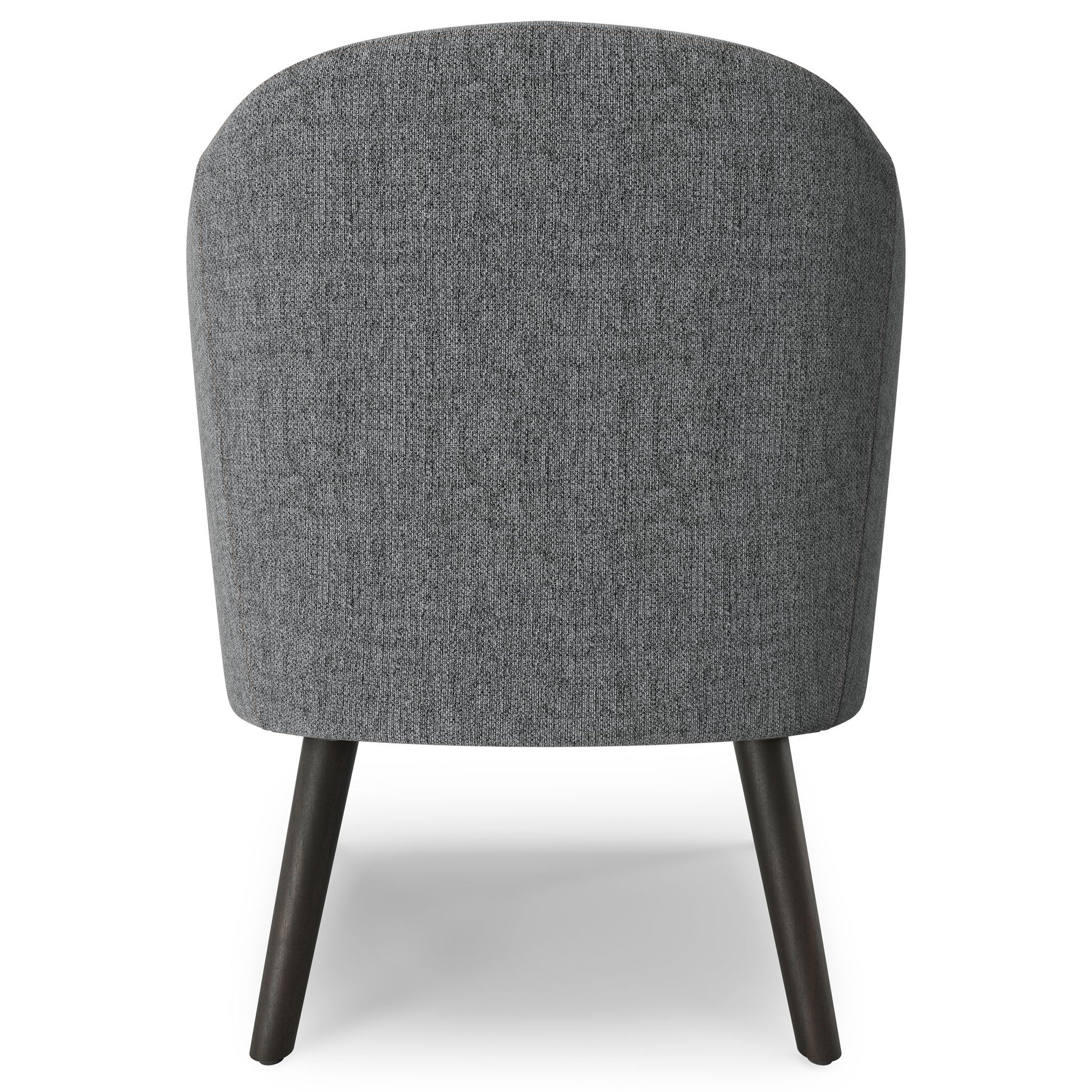 The Redding Upholstered Accent Chair features a rounded backrest in textured gray fabric and four angled dark wooden legs, shown from the back.