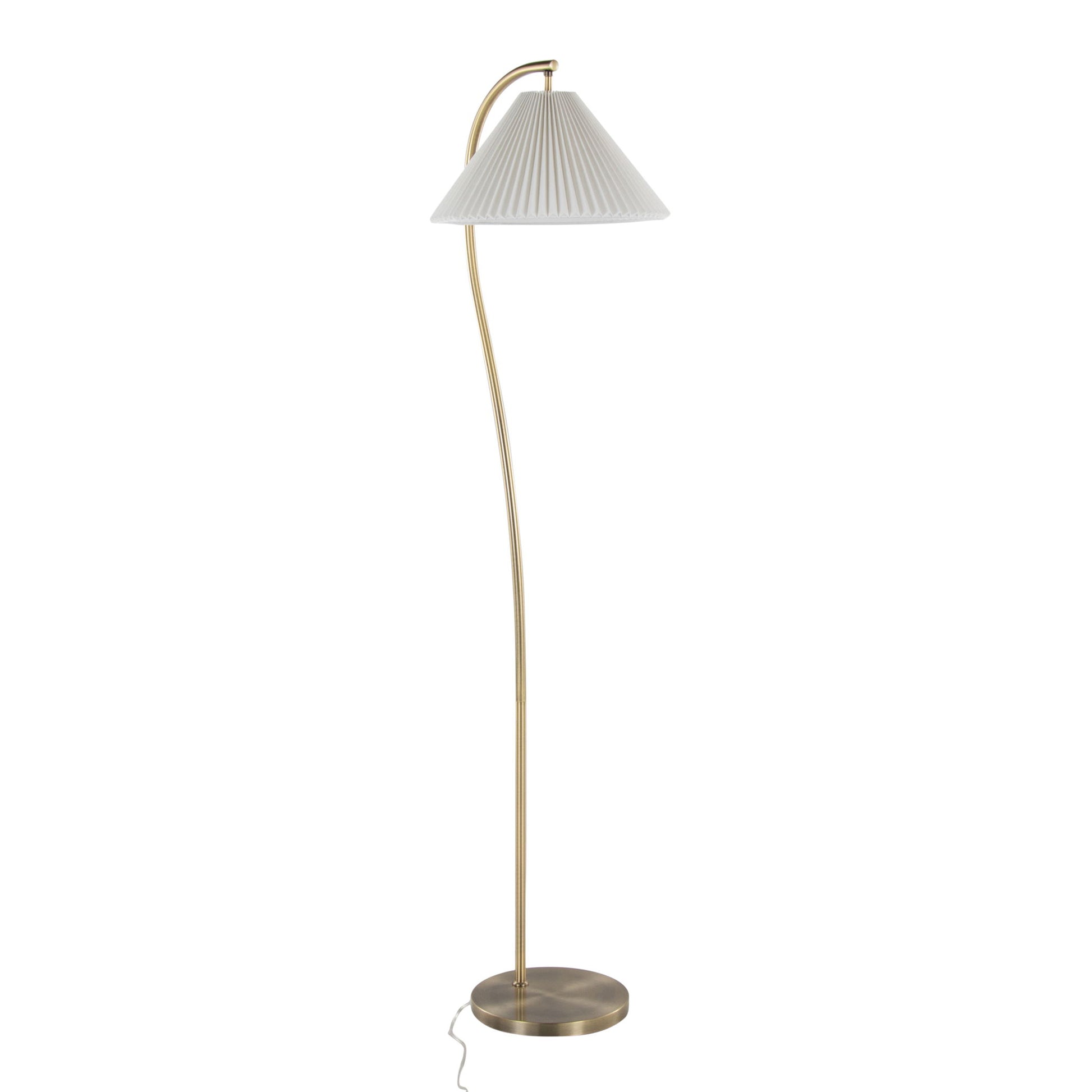 The Cassis Glam / Art Deco Floor Lamp features a gold curved stand, round flat base, white pleated cone lampshade, and an electrical cord extending from the base.