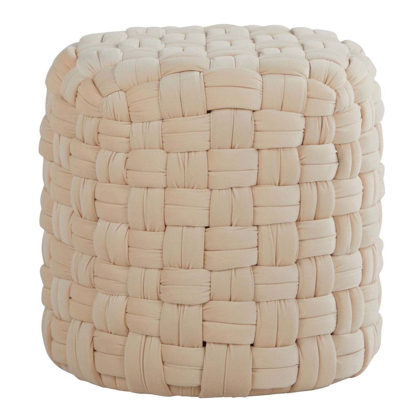 The Braided - Versatile Round Ottoman features a soft, thickly woven beige fabric with a basket weave pattern.