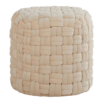 The Braided - Versatile Round Ottoman features a soft, thickly woven beige fabric with a basket weave pattern.