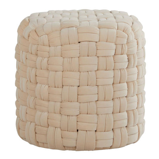 The Braided - Versatile Round Ottoman features a soft, thickly woven beige fabric with a basket weave pattern.