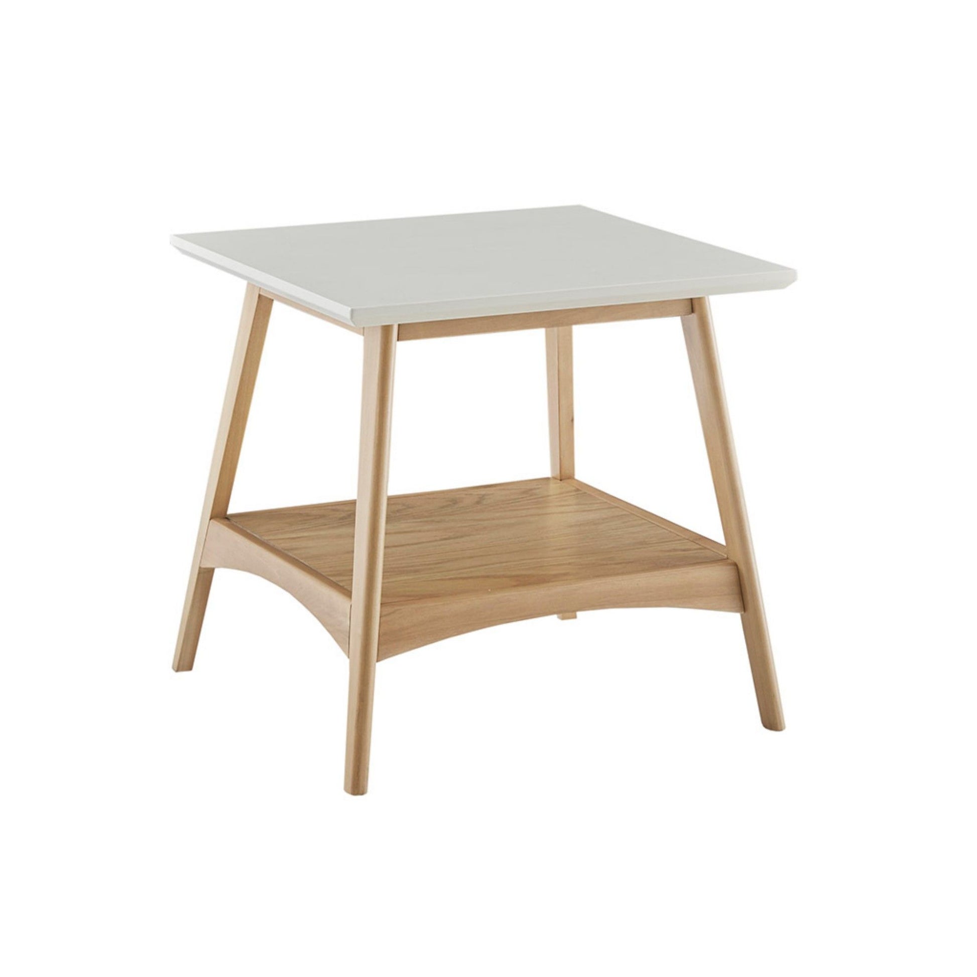 The Modern Table With Extra Storage features a white square top, light wooden legs, and a lower wooden shelf, all set against a plain white background.