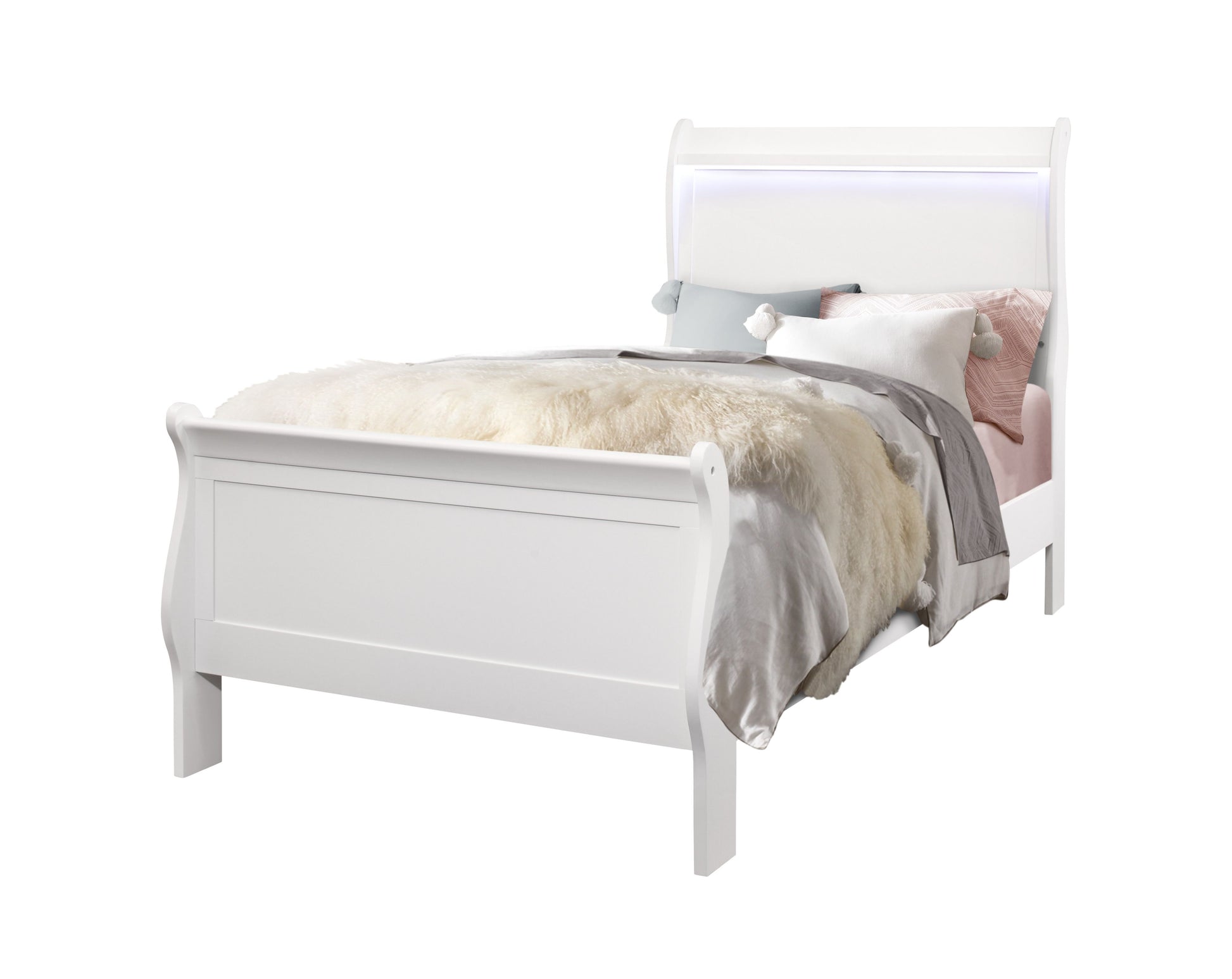 The Charlston - Bed With LED features a white wooden frame, padded headboard, and is styled with gray, white, and pink bedding, pillows, plus a fluffy cream throw blanket on top.