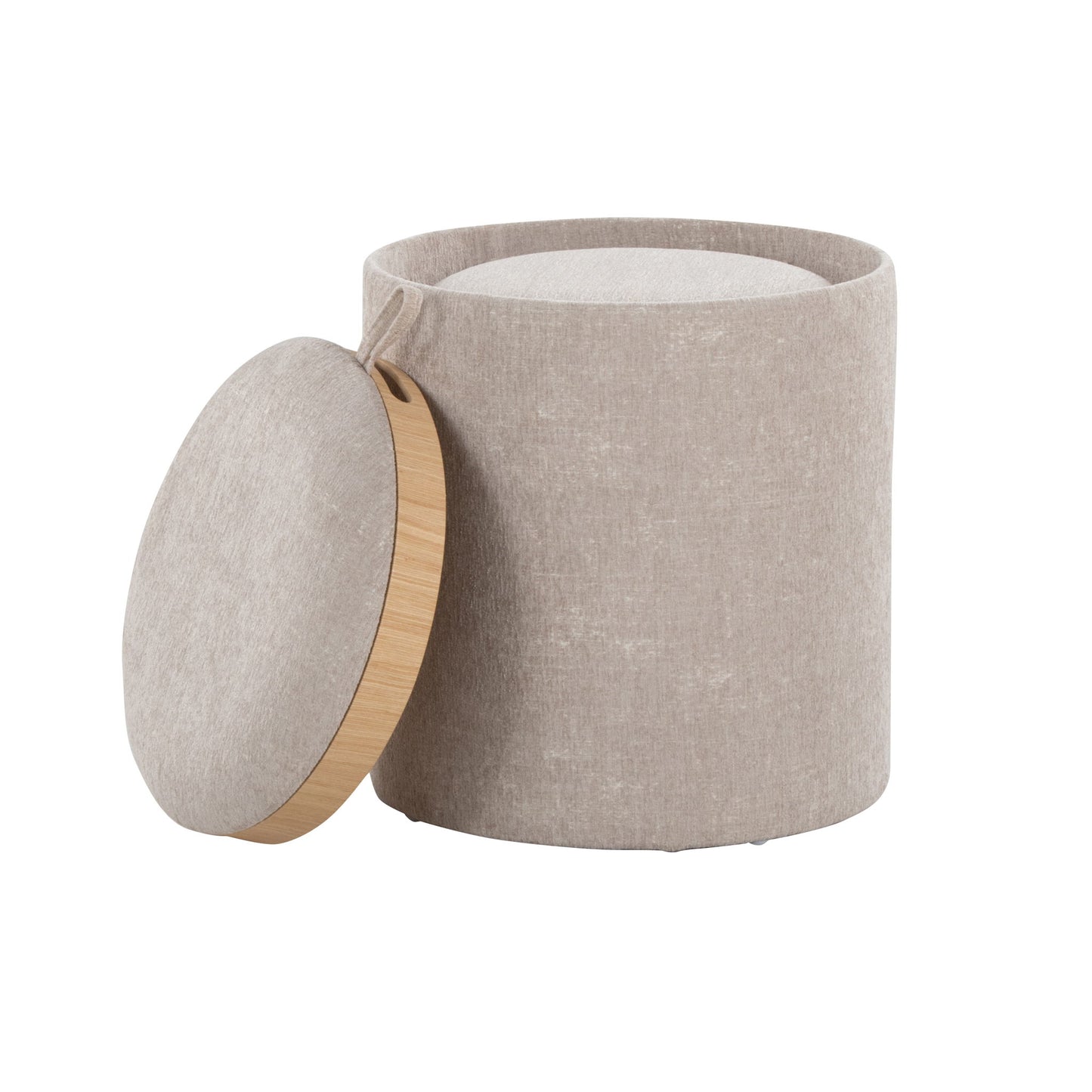 The Tray - Contemporary Nesting Ottoman Set is a round beige fabric ottoman with a wooden-edged removable lid, shown leaning against the ottoman to reveal its spacious, hollow interior.