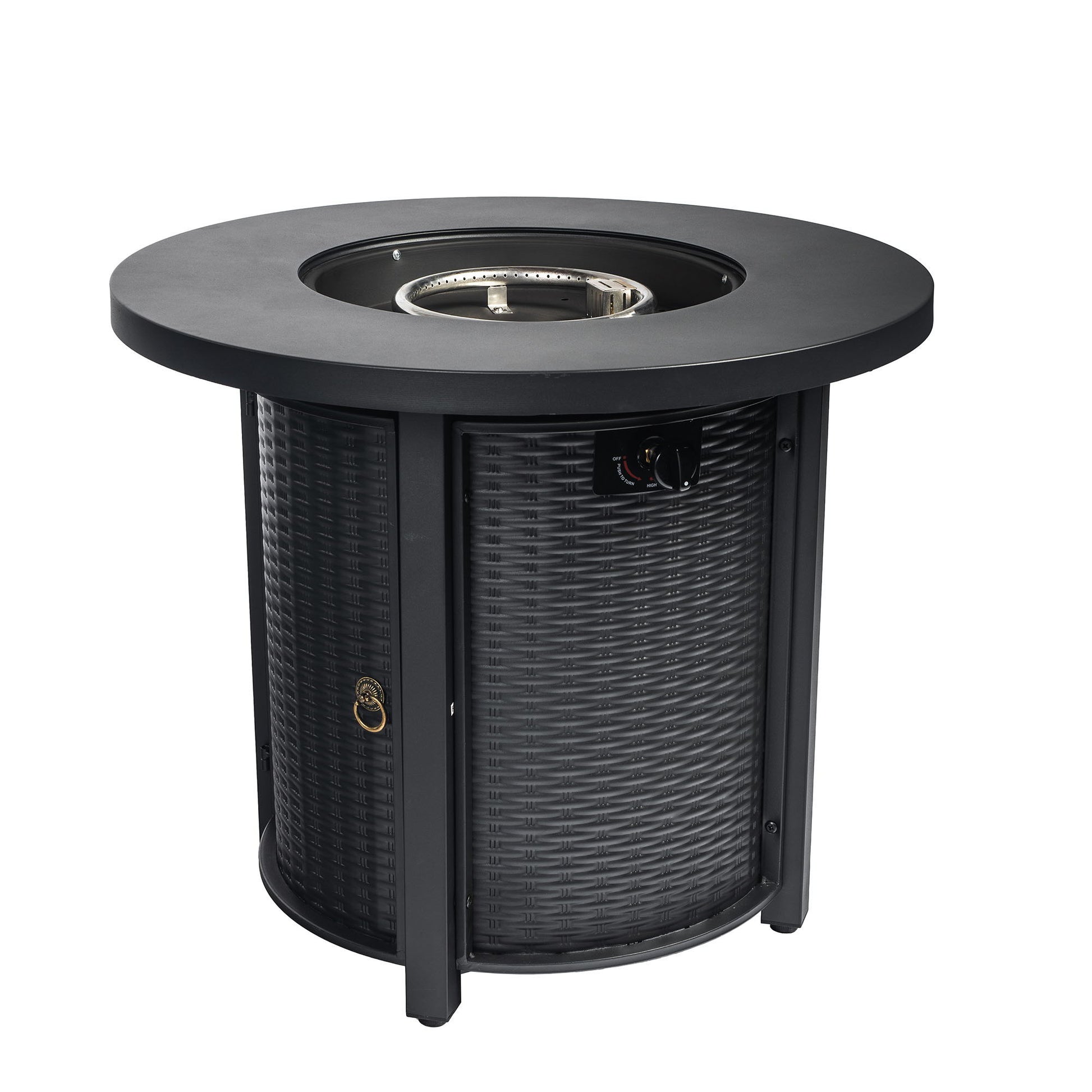 The 30" Propane Round Fire Table features a black woven-style base, flat circular tabletop, and a 40,000 BTU fire pit at the center with side controls for easy operation.