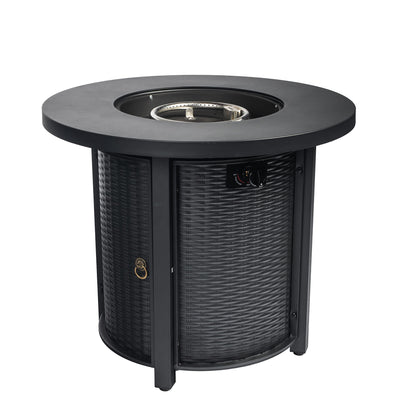 The 30" Propane Round Fire Table features a black woven-style base, flat circular tabletop, and a 40,000 BTU fire pit at the center with side controls for easy operation.