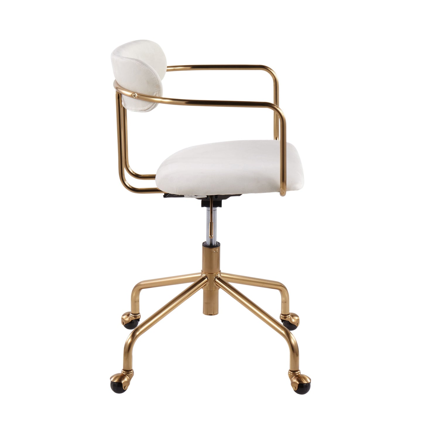 The Demi - Contemporary Office Chair features a gold metal frame, white cushioned seat and backrest, and five gold legs with black wheels, displayed in a side profile view.