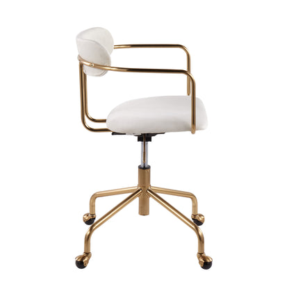 The Demi - Contemporary Office Chair features a gold metal frame, white cushioned seat and backrest, and five gold legs with black wheels, displayed in a side profile view.