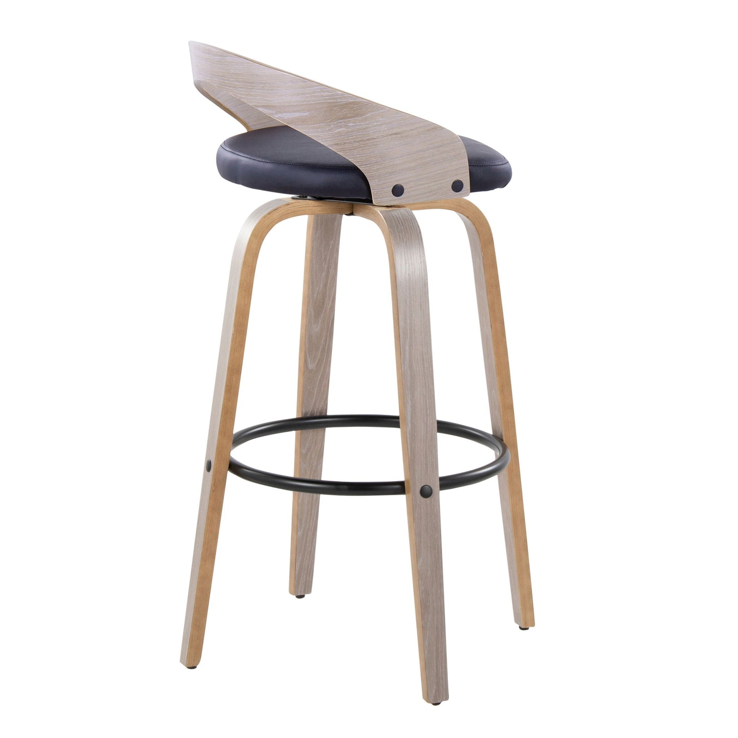 The Grotto Contemporary Fixed Height Barstool (Set of 2) features a swivel seat, wooden legs, round metal footrest, curved wooden backrest, and a black cushioned seat for modern style and comfort.
