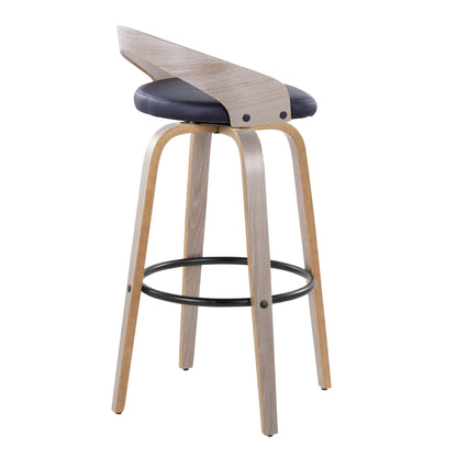 The Grotto Contemporary Fixed Height Barstool (Set of 2) features a swivel seat, wooden legs, round metal footrest, curved wooden backrest, and a black cushioned seat for modern style and comfort.