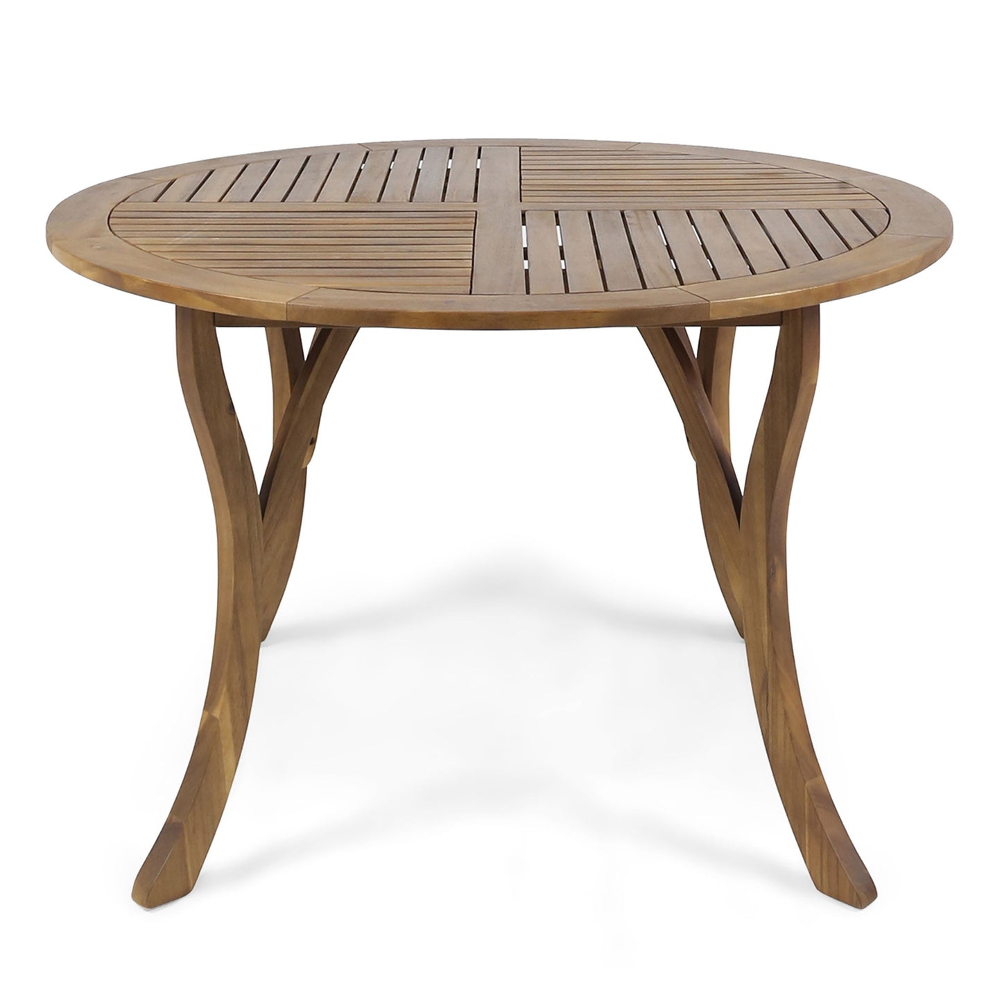 The Hermosa Outdoor Acacia Wood Table features a circular slatted top and curved legs, displayed against a plain white background.