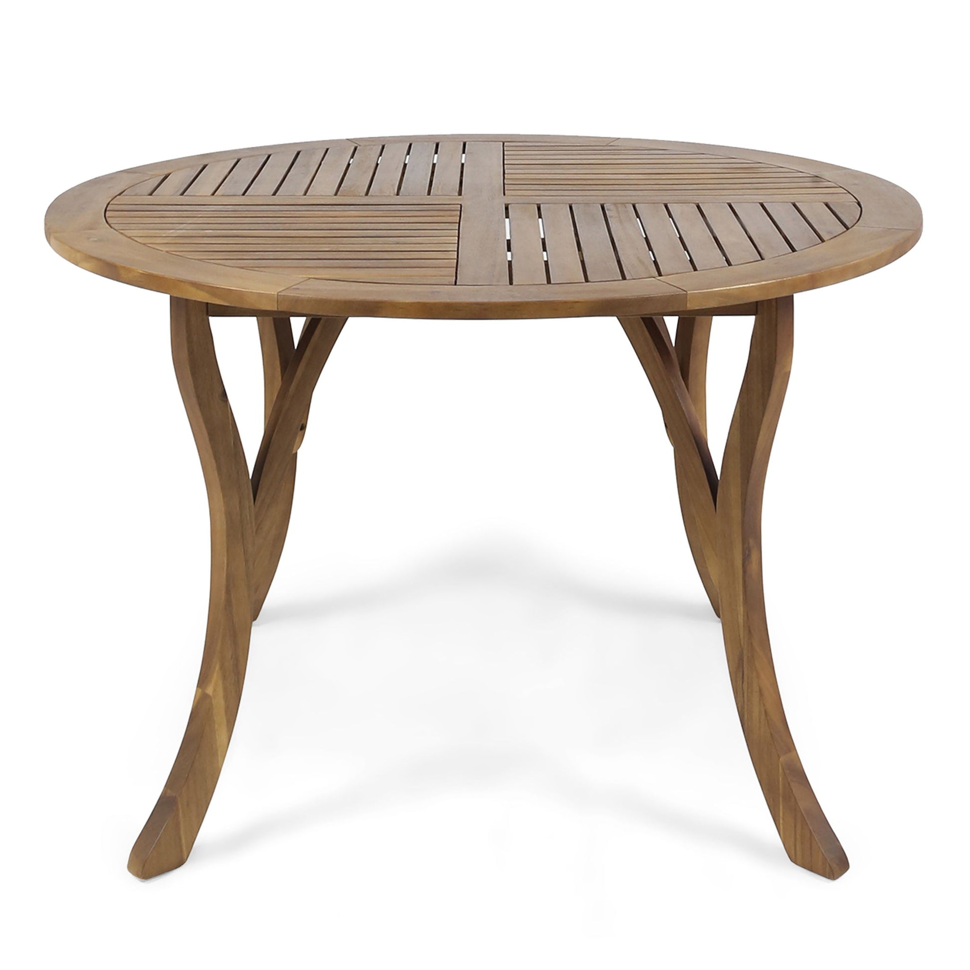 The Hermosa Outdoor Acacia Wood Table features a circular slatted top and curved legs, displayed against a plain white background.