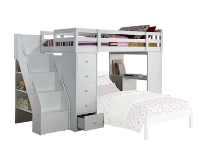 The Freya Twin Loft Bed With Storage in white features a left-side staircase, built-in shelves and drawers, and an integrated desk underneath. Books and decor are displayed on the shelves and desk. The lower twin bed is not included.