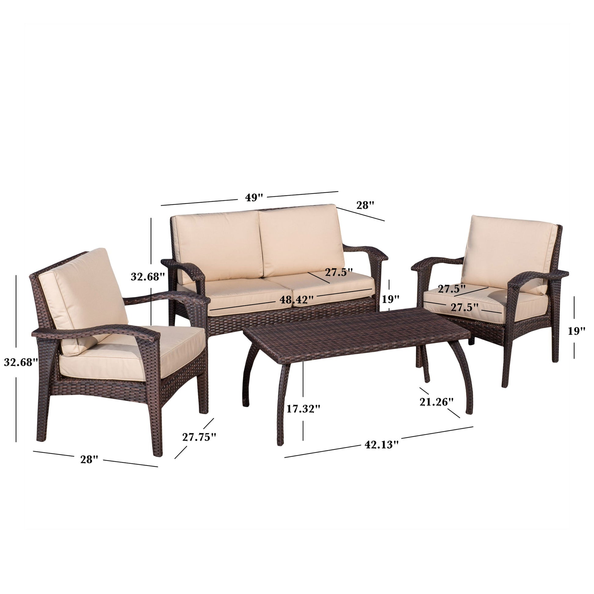 Honolulu - Wicker Set Outdoor Seating: four-piece patio set with beige cushions and brown wicker frames, includes sofa, two armchairs, and rectangular coffee table. Dimensions for each piece labeled in inches.