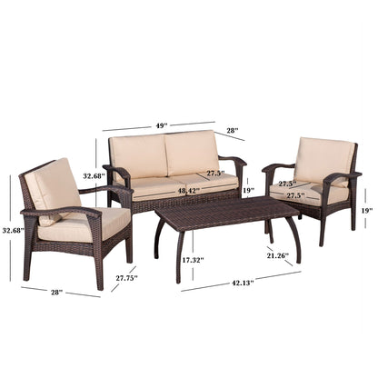 Honolulu - Wicker Set Outdoor Seating: four-piece patio set with beige cushions and brown wicker frames, includes sofa, two armchairs, and rectangular coffee table. Dimensions for each piece labeled in inches.