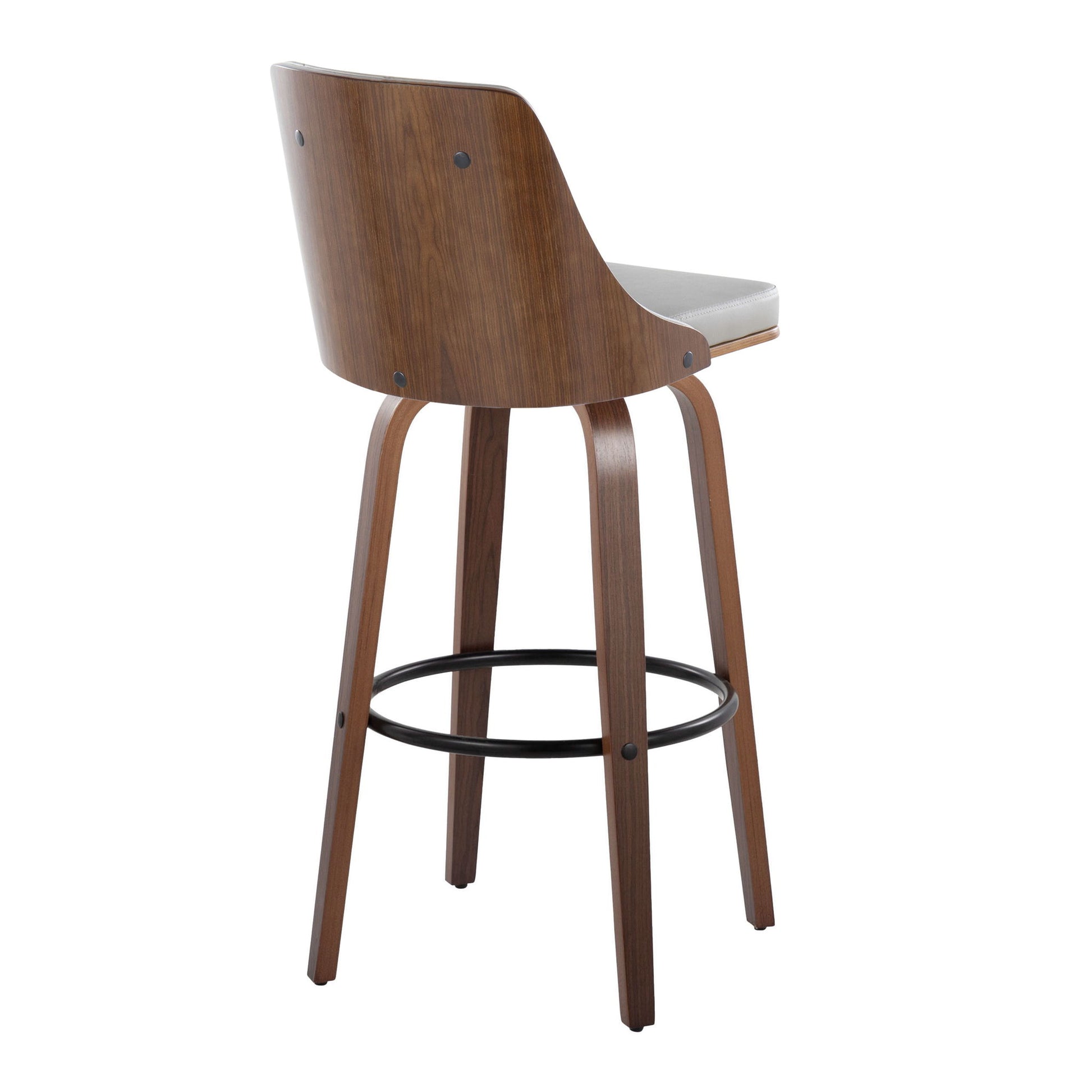 The Gianna Mid-Century Modern Barstool set features a walnut frame, curved backrest, light gray cushioned seat, four angled legs, and a round black footrest. Includes 2 fixed-height stools with swivel function.