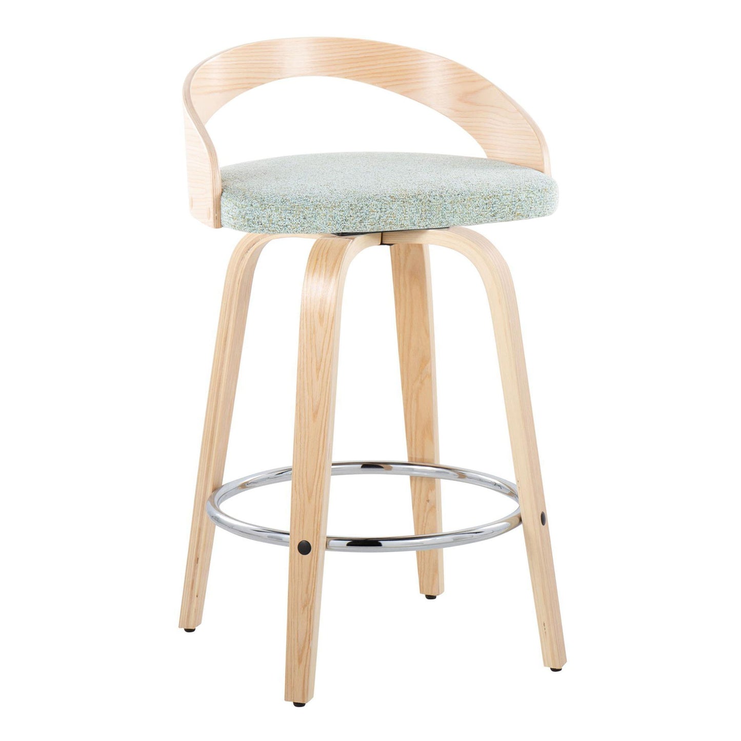 The Grotto Contemporary Fixed Height Counter Stool Set features light wood legs, a curved wooden backrest, a round light green cushioned seat, and a circular chrome footrest with swivel functionality.