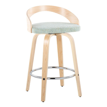 The Grotto Contemporary Fixed Height Counter Stool Set features light wood legs, a curved wooden backrest, a round light green cushioned seat, and a circular chrome footrest with swivel functionality.