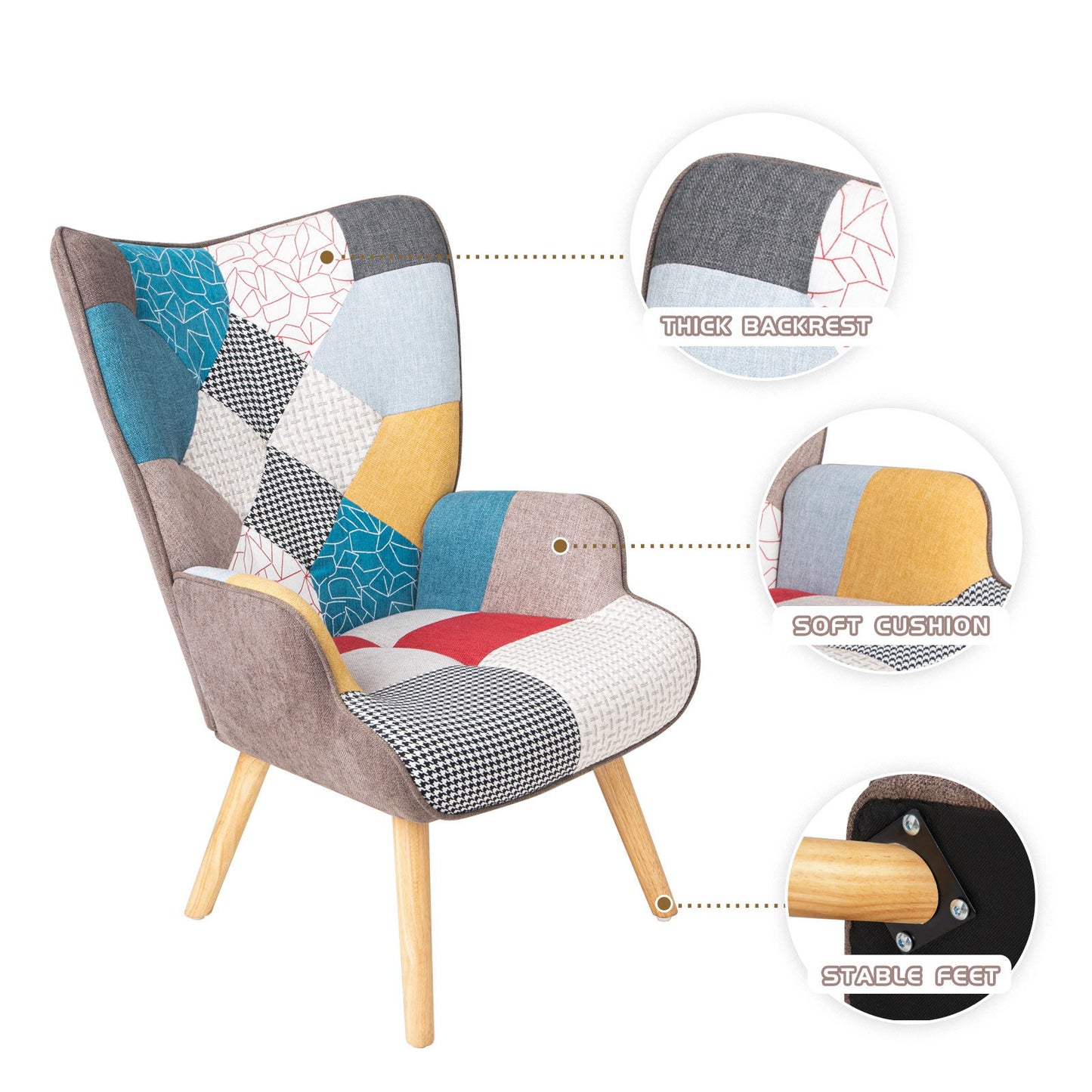 The Accent Chair With Ottoman, featuring a creative splicing cloth surface in colorful tones and wooden legs, is noted for its thick backrest, soft cushion, stable feet, and comes with close-up inset images and dotted highlights.