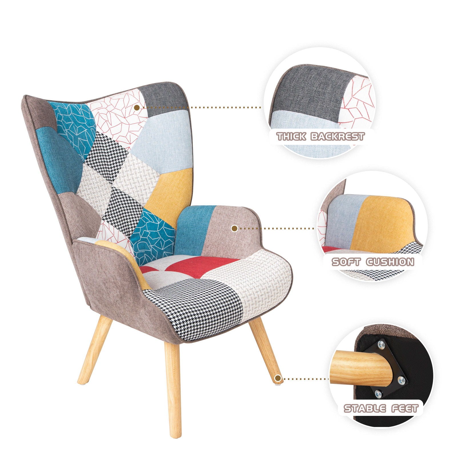 The Accent Chair With Ottoman, featuring a creative splicing cloth surface in colorful tones and wooden legs, is noted for its thick backrest, soft cushion, stable feet, and comes with close-up inset images and dotted highlights.