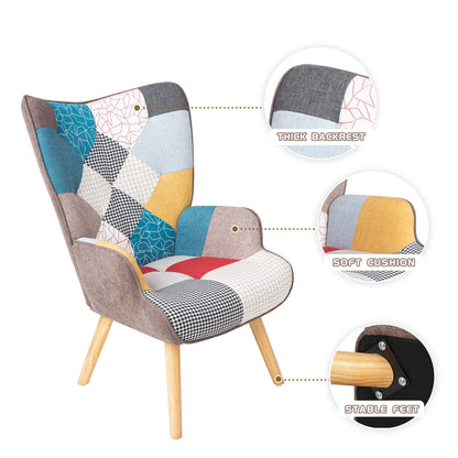 The Accent Chair With Ottoman, featuring a creative splicing cloth surface in colorful tones and wooden legs, is noted for its thick backrest, soft cushion, stable feet, and comes with close-up inset images and dotted highlights.