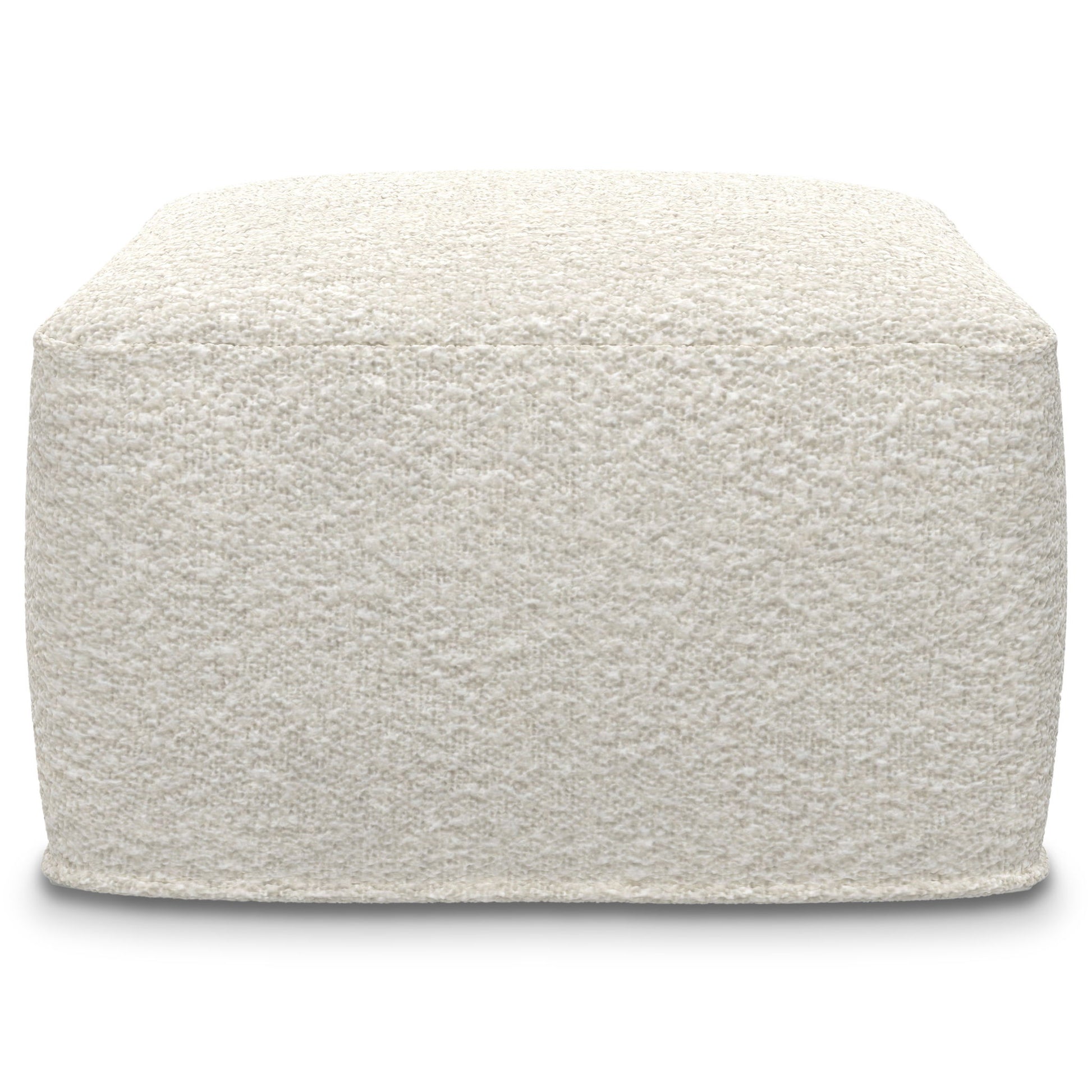 The Chantal Square Pouf in ivory features a textured finish, rounded edges, and an off-white hue, shown against a plain white background.