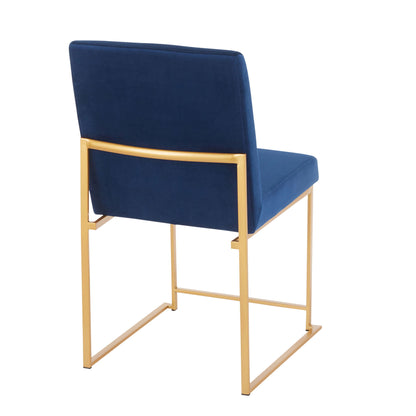 The Fuji High Back Dining Chair (Set of 2) features a contemporary blue upholstered seat and backrest with a stylish gold metal frame, displayed from the back and side angles.
