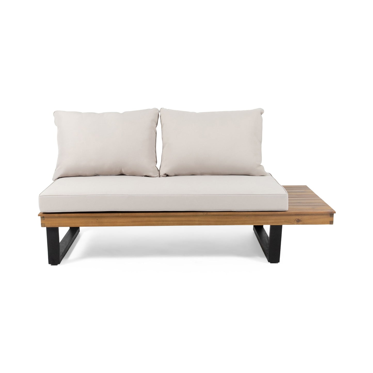 The Sebastian 2 Seater Sofa features a modern design with light beige cushions, a wooden frame, black legs, and an attached wooden side table on the right.