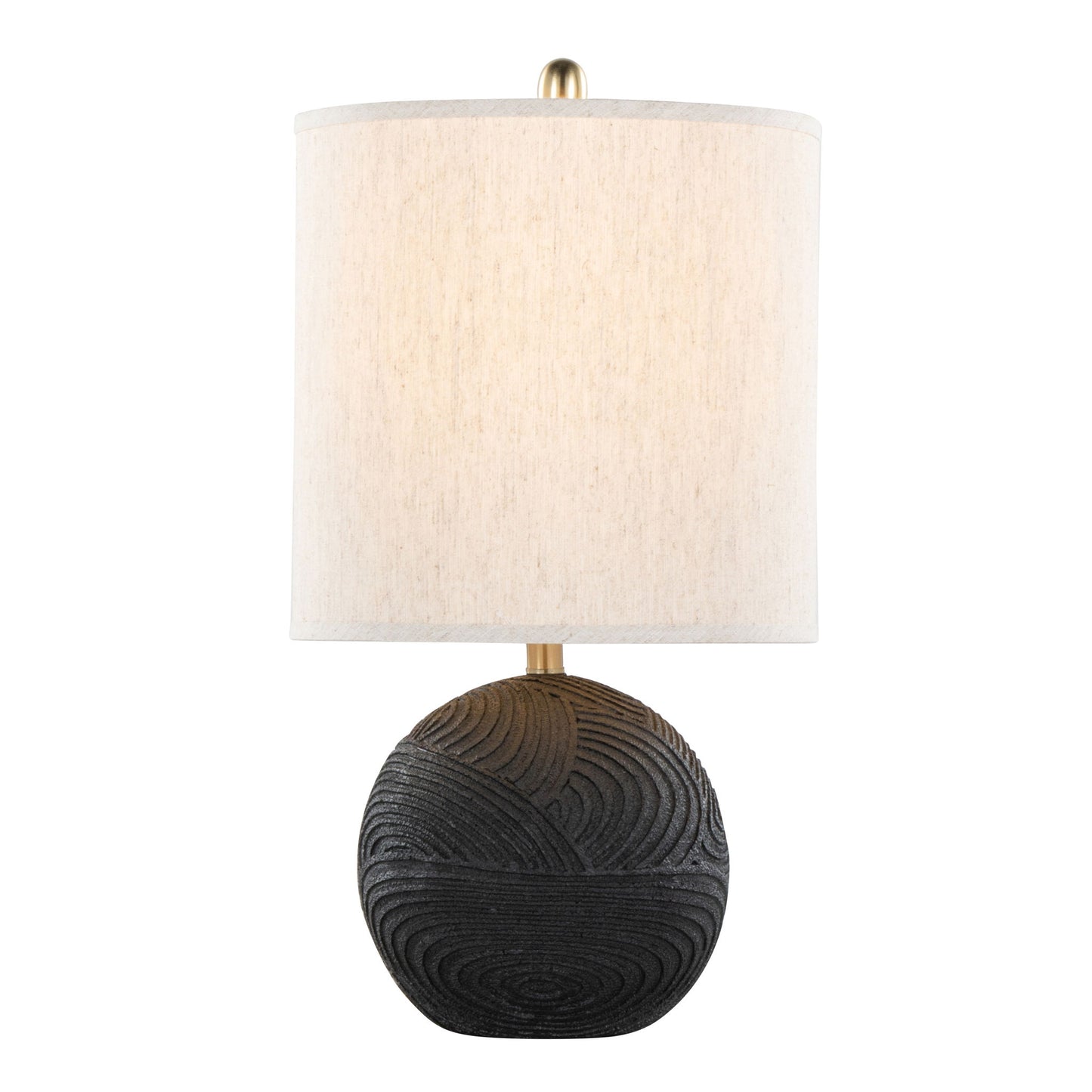 The Kona Contemporary Table Lamp (Set of 2) features a matte black, textured round base with a large cylindrical natural fabric shade and a brass finial, blending modern style and elegance.