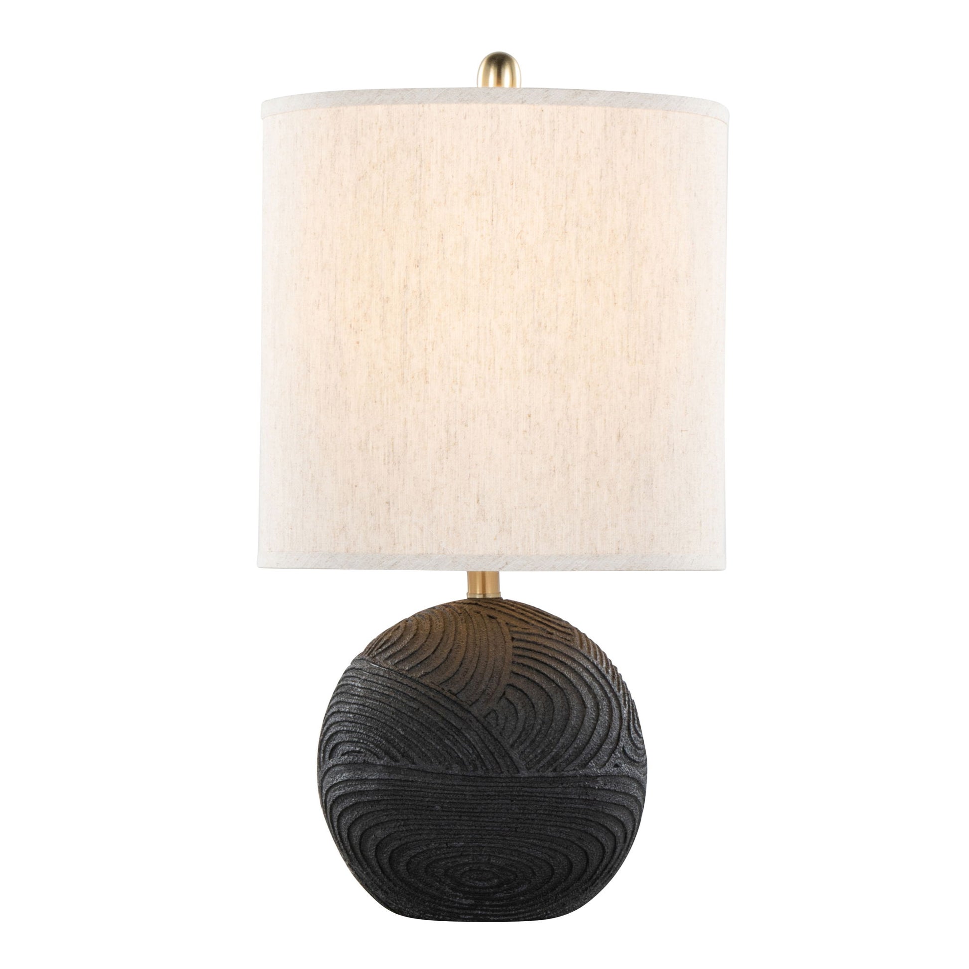 The Kona Contemporary Table Lamp (Set of 2) features a matte black, textured round base with a large cylindrical natural fabric shade and a brass finial, blending modern style and elegance.