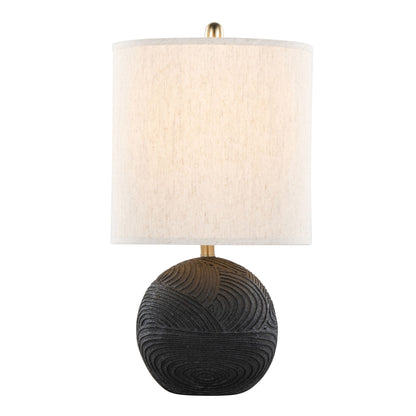The Kona Contemporary Table Lamp (Set of 2) features a matte black, textured round base with a large cylindrical natural fabric shade and a brass finial, blending modern style and elegance.